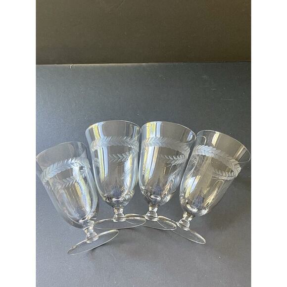 Vintage Floral Vine Etched Crystal Barware Wine Water Cocktail Glasses Set (4) - Picture 3 of 7